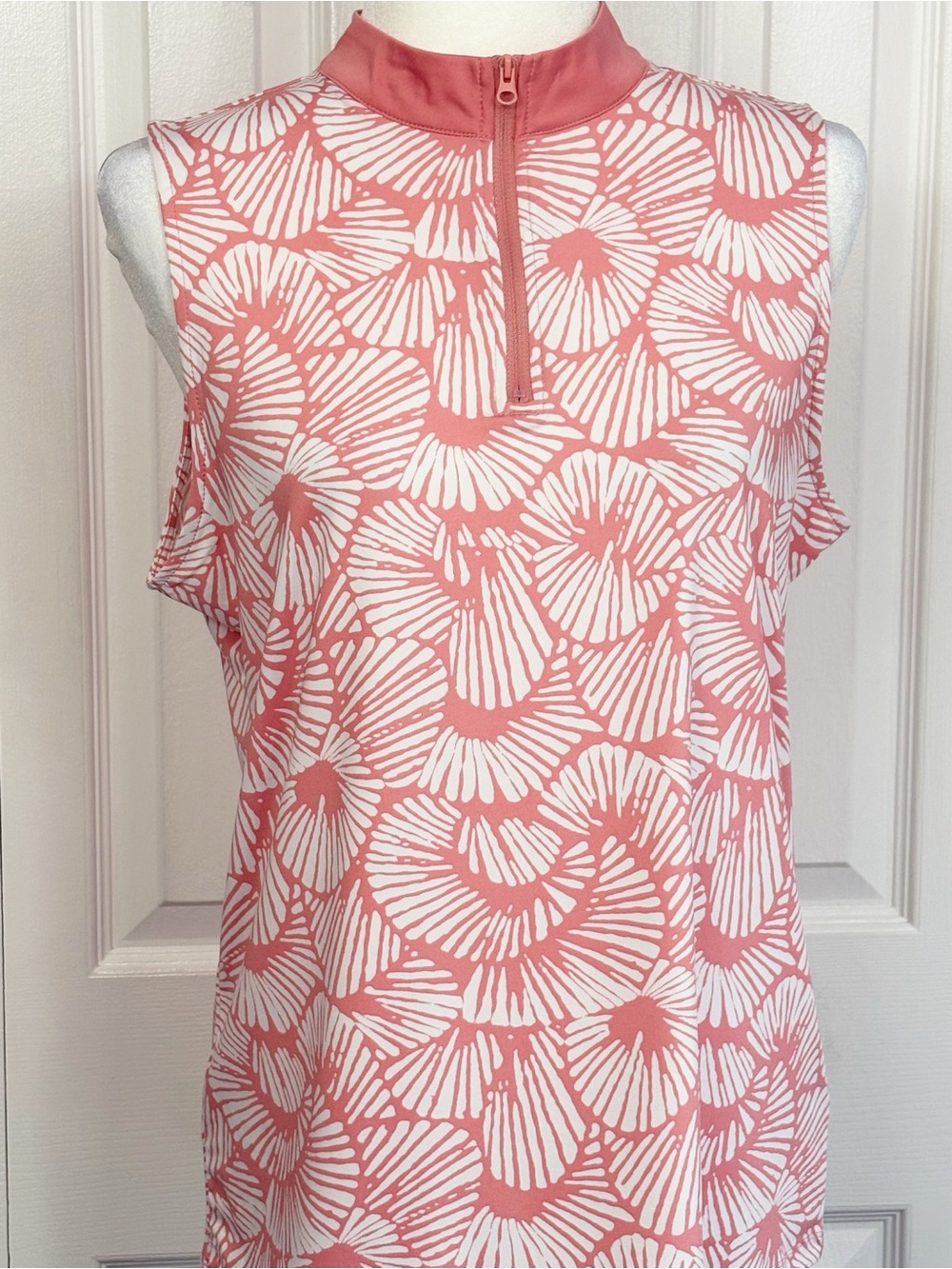 Tommy Bahama Golf Coral Pink & White Print Sleeveless Zip Tank Top Large
